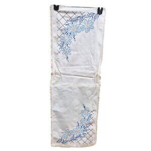 Vintage Embroidered Linen Dresser Scarf Floral Table Runner Blue Flowers & Lace
